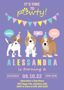PWL25 5x7 PURPLE INVITE: Puppy Party Invite Purple