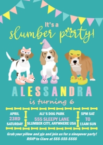 PWL6 5x7 TEAL SLUMBER PARTY INVITE: Invite Puppy Slumber Party Teal