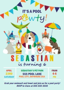 5x7 Pool Pawty Invite MultiBlue: Invite Pool Pawty MultiBlue