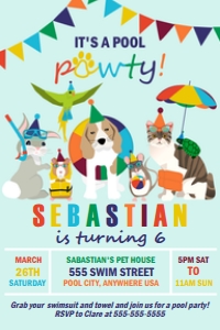 4x6 Pool Pawty Invite MultiBlue: Invite Pool Pawty MultiBlue