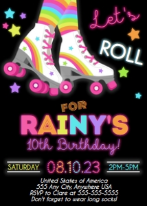 5x7 Roller Skating Invite 2 Black: Invite Roller Skate Party Neon Pink