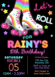 5x7 Roller Skating Invite Black: Invite Roller Skate Party Neon Pink