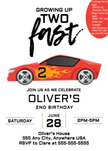 5x7 Two Fast Racecar Invite design preview