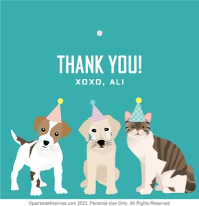 3x3 Cat and Dog Party Favor Tag Teal: Square Favor Tags Cat and Dog Party Teal