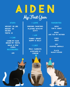 8x10 Birthday Stat Board Cat Party Blue: Stat Board Cat Party Blue