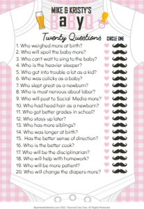 5x7 Twenty Questions Game Board BaByQ Pink: Twenty Questions BaByQ Party