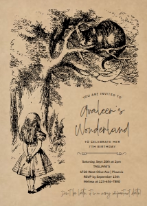 alice in wonderland birthday invitation on kraft: alice in wonderland birthday invitation