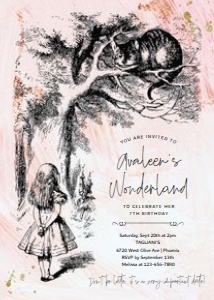 alice in wonderland birthday invitation on pink watercolor: alice in wonderland birthday invitation