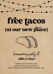free tacos housewarming invitation on kraft: free tacos housewarming invitation