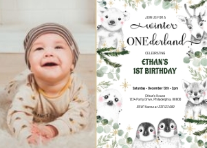 Winter Onederland Animals Photo invitation design preview