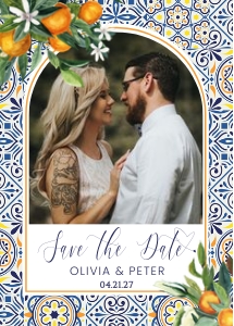 Oranges blue tiles mediterranean wedding save the date #PTL design preview