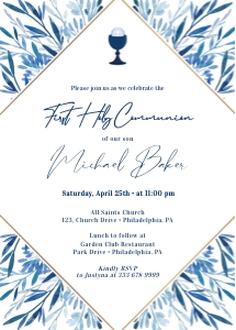 Blue Leaves and Calice first Holy Communion design preview