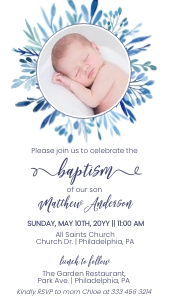 Electronic Baptism invitation blue leaves photo design preview