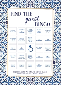 Blue tiles bridal shower find the guest bingo design preview