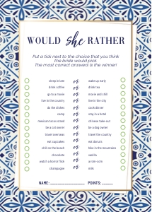 Blue tiles Bridal Shower game would she rather: Would she rather blue tiles bridal shower game