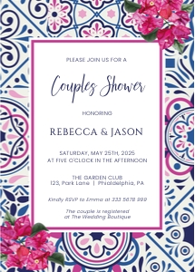 bougainvillea flowers and tiles couple shower invitation design preview
