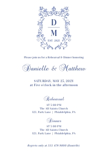 Crest blue rehearsal Dinner invitation design preview