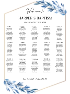 Blue leaves and gold seating chart 18x24 design preview