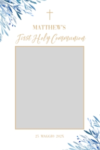 First Holy Communion blue leaves photo booth frame design preview