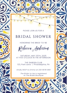 Blue and orange tiles and string lights bridal shower design preview