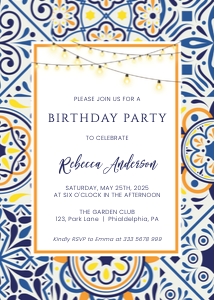 Birthday Party blue and orange tiles string lights design preview