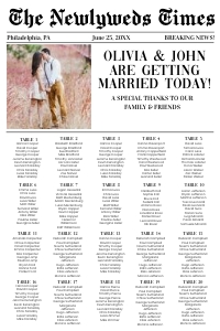 Newspaper wedding seating chart design preview