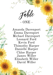 sunflowers seating chart cards design preview