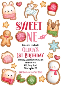 Christmas Birthday Invitation 1 year girl AA033 design preview