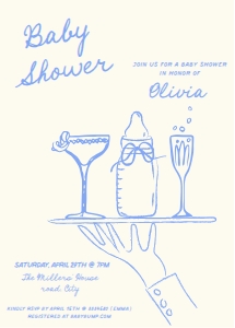 Hand drawn Martini + Baby Bottle Baby shower AA059 Girl: AA059 cocktail baby shower blue
