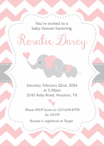 Elephant Baby Shower Invitation Girl 5x7": Elephant Baby Shower Invitation Girl