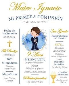Cartel Primera Comunión Información Niño 8x10": Cartel Primera Comunión Información Niño