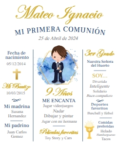 Cartel Primera Comunión Información Niño 16x20": Cartel Primera Comunión Información Niño