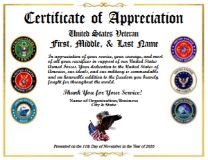 Design 51: D51 ALL SERVICES VETERAN APPRECIATION CERTIFICATE FROM BUSINESSES