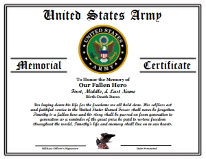 Design 24: D24 US ARMY FALLEN HERO MEMORIAL CERTIFICATE