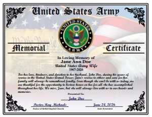 Design 21: D21 US ARMY WIFE MEMORIAL CERTIFICATE