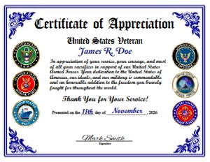 Design 22: D22 US VETERAN ALL SERVICES APPRECIATION CERTIFICATE