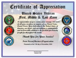 Design 15: D15 BUSINESS US VETERAN ALL SERVICES APPRECIATION CERTIFICATE