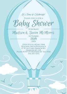 Hot Air Balloon Baby Shower Blue Boy Invitations: Hot Air Balloon Baby Shower Blue Boy Invitations