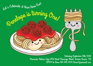 Spaghetti Birthday Party Invitation Kids Cute Noodles Meatballs design preview