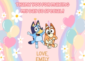 Babies and Kids Birthday Party Decor Thank You Card Bluey Pink design preview