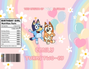 Babies and Kids Birthday Party Decor Chip Bag Labels Bluey Pink design preview