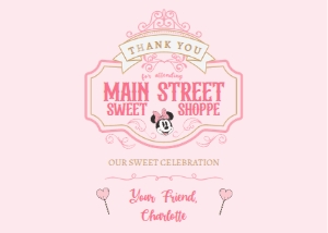 Babies and Kids Birthday Party Decor Thank You Cards Retro Minnie Sweet Shop design preview