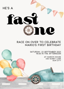 BK006-0401 5x7 Invitation - Race car green ballons fast one: BK006-0401 Invitation - Race car green balloons fast one