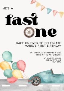 BK006-0401 DIN A6 Invitation - Race car green balloons fast one: BK006-0401 Invitation - Race car green balloons fast one