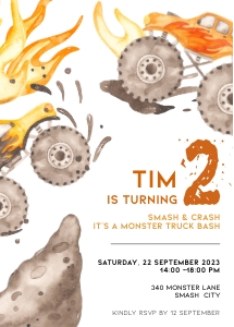 BK007-0201 5x7 Invitation - Monster trucks flame two: BK007-0201 Invitation - Monster trucks flame two