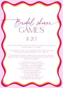 BSG36-00 5x7" Bridal Shower Games 11-20 - Wavy Border Pink: BSG36-00 Bridal Shower Games BUNDLE - Wavy Border Pink