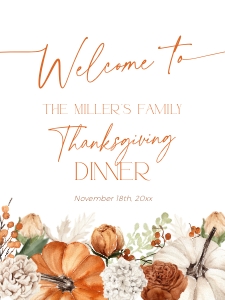CH064-04 18x24 Thanksgiving Welcome Sign - Floral Pumpkin Orange: CH064-04 Thanksgiving Welcome Sign - Floral Pumpkin Orange