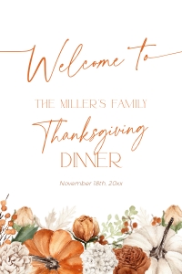 CH064-04 20x30 Thanksgiving Welcome Sign - Floral Pumpkin Orange: CH064-04 Thanksgiving Welcome Sign - Floral Pumpkin Orange