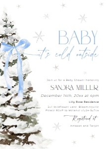 BB077-01 5x7 Invitation - Christmas Tree Blue Bow: BB077-01 Invitation - Christmas Tree Blue Bow
