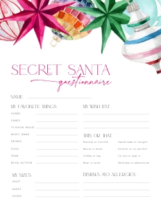 CH078-07 8.5x11" Secret Santa Questionnaire - Bright Christmas: CH078-07 Secret Santa Questionnaire - Bright Christmas
